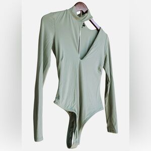 JLUXLABEL Bodysuit One Shoulder Cutout Mock Neck Sage Green Slim Y2K Club S